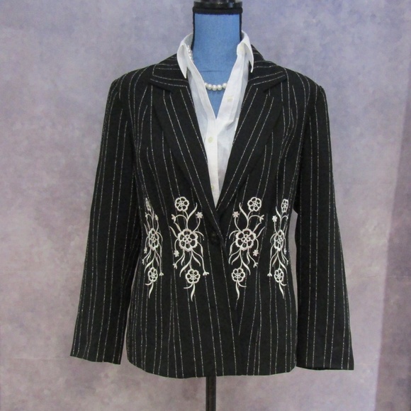Fleur Black & White Embroidered Jacket Blazer 10 - Picture 2 of 6